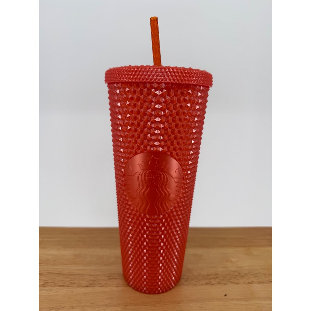Starbucks Orange Diamond Studded Plastic Cold Coffee Cup Tumbler 24 oz Venti